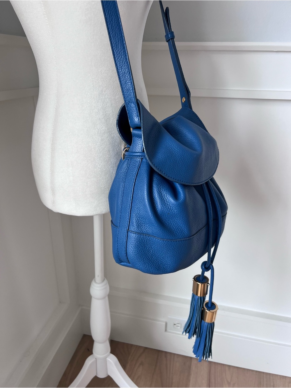See By Chloe Royal Blue Pebbled Leather Drawstring Bucket Bag with Tassels